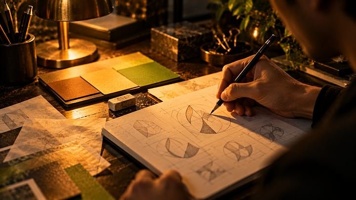 Designer sketching logo concepts under a desk lamp