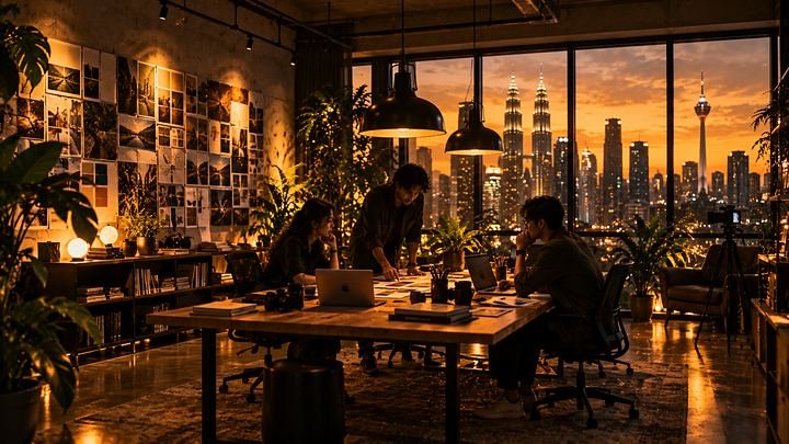 The LUMNX team at work in a studio overlooking the Kuala Lumpur skyline