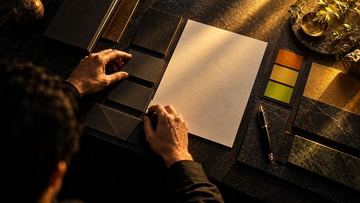 Brand identity kit on a slate table