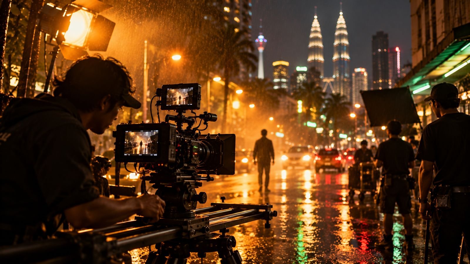 Film crew shooting on a rainy Kuala Lumpur street at night