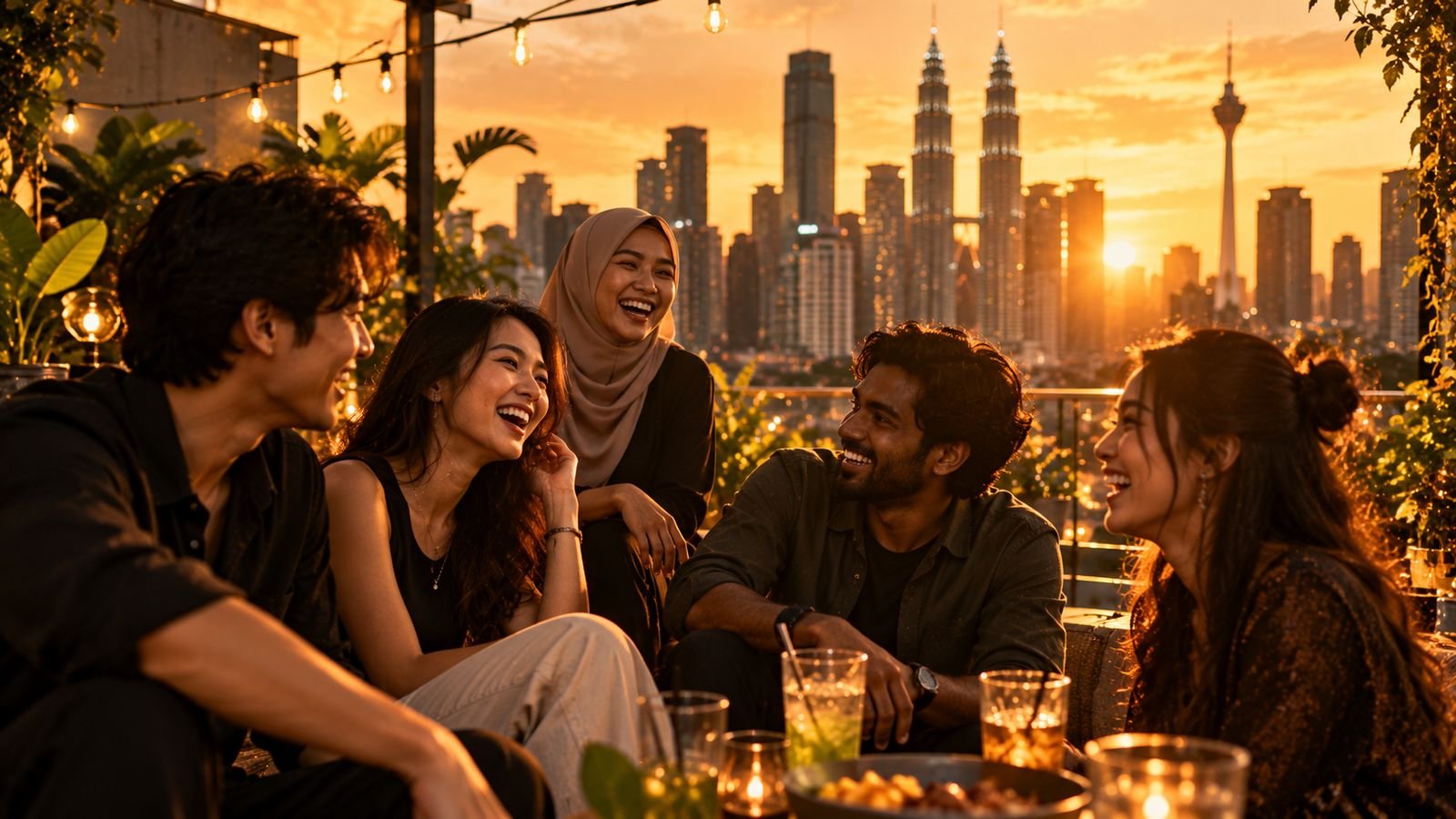 Friends laughing together on a rooftop at sunset
